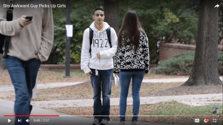 shy man communicating with silly women